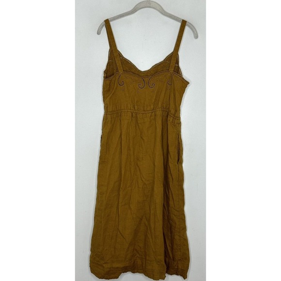 J. Crew Mustard Yellow Linen Drawstring Embroidered Midi Boho Hippie Dress Sz 6 - Picture 7 of 7
